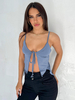 Babyblaues Cami-Top mit Trägern am Hals und Schnürung sexy unregelmäßiges Polyester-Camis für Damen