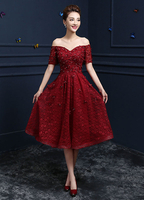 Ballkleid abiballkleid 2022 hübsches Cocktailkleid 2022 aus mit Carmenausschnitt und Schößchen und Perlen-Applikation in Burgunderrot