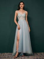 Ballkleid 2022 A-Linie V-Ausschnitt Polyester mit Schleppe Pailletten Party Pageant Kleider