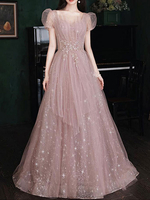 Ballkleid A-Linie trägerlos Spitze kurze Ärmel Partykleider