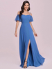 Ballkleid Blau Grau A-Linie Off The Shoulder Ärmelloses Chiffon-Abendkleid mit geteilter Front