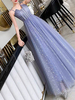 Ballkleid Blaues Ballkleid Trägerlos Tüll Ärmellos Schnüren Bodenlang Kleider für Hochzeitsgäste