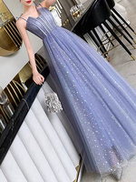 Ballkleid Blaues Ballkleid Trägerlos Tüll Ärmellos Schnüren Bodenlang Kleider für Hochzeitsgäste
