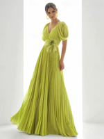 Ballkleid Chiffon V-Ausschnitt A-Linie Kurze Ärmel Federn Hochzeitsgastkleider