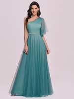 Ballkleid Cyan Blue Polyester One-Shoulder A-Line ärmellose rückenfreie Maxi-Partykleider