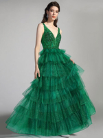 Ballkleid Hunter Green A-Linie T-Shirt mit V-Ausschnitt Ärmelloses; abgestuftes Hochzeitsgastkleid Festzugkleid