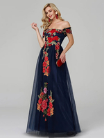 Ballkleid Marineblau Ballkleid Schulterfrei Tüll Kurze Ärmel Applikationen Bodenlang Festzugkleider Page