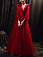 Ballkleid Roter Tüll Stehkragen Ballkleid Lange Ärmel Spitze Bodenlange Festzugkleider