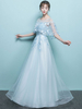 Ballkleider A-Linie- Ball kleider Babyblau Hochzeit Tüll Abschlusskleider ärmellos Formelle Kleider mit Rundkragen und Schnürung bodenlang