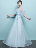 Ballkleider A-Linie- Ball kleider Babyblau Hochzeit Tüll Abschlusskleider ärmellos Formelle Kleider mit Rundkragen und Schnürung bodenlang