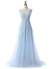 Ballkleider A-Linie- Ball kleider Babyblau Hochzeit Tüll Schlichte Brautkleider ärmellos Formelle Kleider V-Ausschnitt mit Reißverschluss