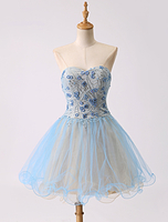 Ballkleider A-Linie- Ball kleider Blau Hochzeit Tüll Homecoming Kleider ärmellos Formelle Kleider Herz-Ausschnitt Mini-Kleid