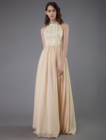 Ballkleider A-Linie- Ball kleider Champagner Hochzeit Chiffon Abendkleider ärmellos Formelle Kleider mit Rundkragen und Reißverschluss