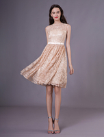 Ballkleider A-Linie- Ball kleider Champagner Hochzeit Elastische Kunstseide Cocktailkleider ärmellos Formelle Kleider mit Rundkragen