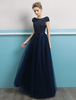 Ballkleider A-Linie- Ball kleider Dunkelmarineblau Hochzeit aus mattem Satin Abendkleider Kurzarm Formelle Kleider mit Rundkragen und Schnürung