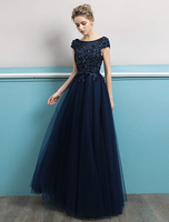 Ballkleider A-Linie- Ball kleider Dunkelmarineblau Hochzeit aus mattem Satin Abendkleider Kurzarm Formelle Kleider mit Rundkragen und Schnürung
