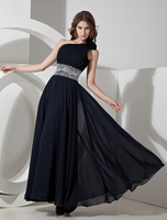 Ballkleider A-Linie- Ball kleider Dunkelmarineblau Hochzeit Chiffon Abendkleider ärmellos Formelle Kleider Einschulter mit hoher Taillenlinie
