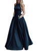 Ballkleider A-Linie- Ball kleider Dunkelmarineblau Hochzeit Satingewebe ärmellos mit Halter Formelle Kleider bodenlang