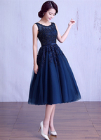Ballkleider A-Linie- Ball kleider Dunkelmarineblau Hochzeit Spitze Cocktailkleider ärmellos Formelle Kleider mit Rundkragen und Reißverschluss