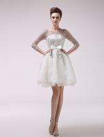 Ballkleider A-Linie- Ball kleider Elfenbeinfarbe Hochzeit Organza Abschlusskleider 3/4 Ärmel Formelle Kleider mit Rundkragen