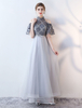 Ballkleider A-Linie- Ball kleider Grau Hochzeit aus mattem Satin Abendkleider Kurzarm Formelle Kleider Halskragen mit Reißverschluss bodenlang