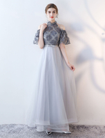 Ballkleider A-Linie- Ball kleider Grau Hochzeit aus mattem Satin Abendkleider Kurzarm Formelle Kleider Halskragen mit Reißverschluss bodenlang