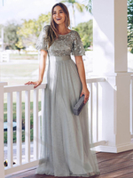 Ballkleider A-Linie- Ball kleider Grau Hochzeit Chiffon Ballkleider Kurzarm Formelle Kleider mit Rundkragen und Reißverschluss bodenlang