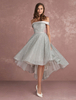 Ballkleider A-Linie- Ball kleider Hellgrau Hochzeit aus mattem Satin Cocktailkleider ärmellos mit Carmenausschnitt und Schnürung