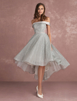 Ballkleider A-Linie- Ball kleider Hellgrau Hochzeit aus mattem Satin Cocktailkleider ärmellos mit Carmenausschnitt und Schnürung