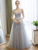 Ballkleider A-Linie- Ball kleider Hellgrau Hochzeit aus mattem Satin Abendkleider ärmellos Formelle Kleider V-Ausschnitt mit Reißverschluss