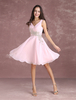 Ballkleider A-Linie- Ball kleider Hellrosa Hochzeit Chiffon Cocktailkleider ärmellos Formelle Kleider V-Ausschnitt und Reißverschluss knielang