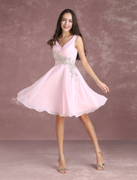 Ballkleider A-Linie- Ball kleider Hellrosa Hochzeit Chiffon Cocktailkleider ärmellos Formelle Kleider V-Ausschnitt und Reißverschluss knielang