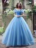 Ballkleider A-Linie- Ball kleider Hochzeit Tüll Prinzessin Kleider Kurzarm Formelle Kleider mit Carmenausschnitt und Schnürung und Court-Schleppe