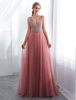 Ballkleider A-Linie- Ball kleider Kamee Rosa Hochzeit Tüll Abendkleider ärmellos Formelle Kleider V-Ausschnitt mit Schnürung und Court-Schleppe