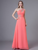 Ballkleider A-Linie- Ball kleider Lachsrosa Hochzeit Chiffon Abschlusskleider ärmellos Formelle Kleider Einschulter mit Reißverschluss bodenlang