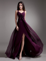 Ballkleider A-Linie- Ball kleider Pflaume Hochzeit Chiffon Abendkleider ärmellos Formelle Kleider und Carmenausschnitt natürliche Taillenlinie