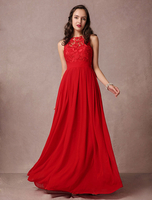 Ballkleider A-Linie- Ball kleider Rot Hochzeit Chiffon Abendkleider ärmellos Formelle Kleider mit Bateau-Kragen bodenlang