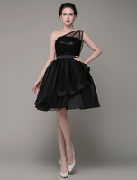 Ballkleider A-Linie- Ball kleider Schwarz Hochzeit mit Pailletten bestickt Cocktailkleider ärmellos Formelle Kleider Einschulter und Reißverschluss