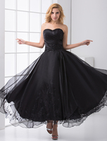 Ballkleider A-Linie- Ball kleider Schwarz Hochzeit Organza Brautkleider Schwarz ärmellos Herz-Ausschnitt mit hoher Taillenlinie und Reißverschluss