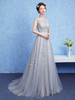 Ballkleider A-Linie- Ball kleider Selber Hochzeit Spitze Abendkleider ärmellos Formelle Kleider mit Rundkragen und Court-Schleppe
