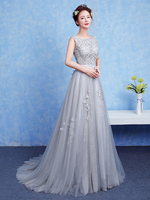 Ballkleider A-Linie- Ball kleider Selber Hochzeit Spitze Abendkleider ärmellos Formelle Kleider mit Rundkragen und Court-Schleppe