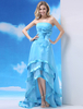 Ballkleider A-Linie- Ball kleider Wasserblau Hochzeit Organza ärmellos trägerlos Formelle Kleider natürliche Taillenlinie mit unsymmetrischem Design