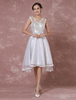 Ballkleider A-Linie- Ball kleider Weiß Hochzeit Organza Cocktailkleider ärmellos Formelle Kleider V-Ausschnitt knielang