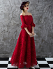 Ballkleider Burgunderrot Ball kleider aus mattem Satin Hochzeit A-Linie- knöchellang und Bateau-Kragen 1/2 Ärmel Formelle Kleider und Schnürung