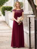 Ballkleider Burgunderrot Ball kleider Chiffon Hochzeit A-Linie- Ballkleider bodenlang mit Rundkragen ärmellos Formelle Kleider und Spitzen