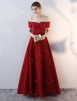 Ballkleider Burgunderrot Ball kleider Tüll Hochzeit A-Linie- Abendkleider bodenlang mit Bateau-Kragen Kurzarm Formelle Kleider und Schnürung