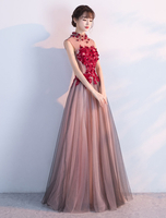 Ballkleider Burgunderrot Ball kleider Tüll Hochzeit A-Linie- Homecoming Kleider bodenlang mit Halter ärmellos Formelle Kleider und Schnürung