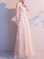 Ballkleider Champagner Ball kleider aus mattem Satin Hochzeit A-Linie- Abschlusskleider bodenlang V-Ausschnitt Langarm Formelle Kleider