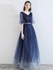 Ballkleider Dunkelmarineblau Ball kleider aus mattem Satin Hochzeit A-Linie- bodenlang V-Ausschnitt 1/2 Ärmel Formelle Kleider mit Schnürung