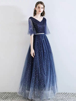 Ballkleider Dunkelmarineblau Ball kleider aus mattem Satin Hochzeit A-Linie- bodenlang V-Ausschnitt 1/2 Ärmel Formelle Kleider mit Schnürung